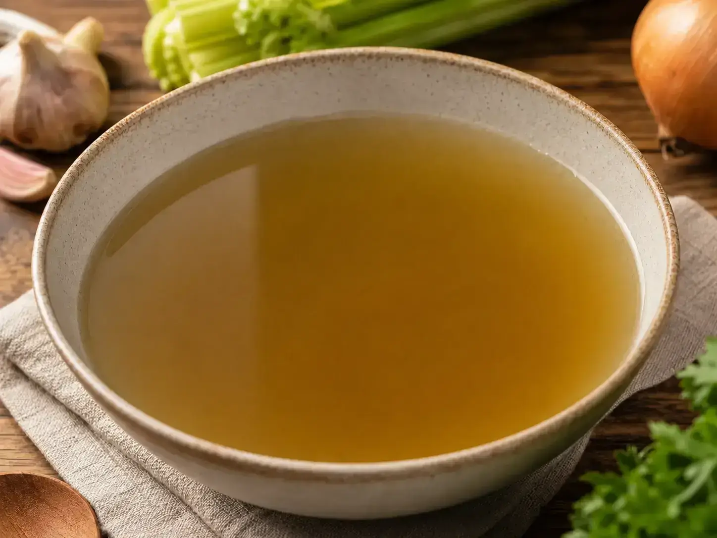 Caldo de ossos com cebola, alho e aipo