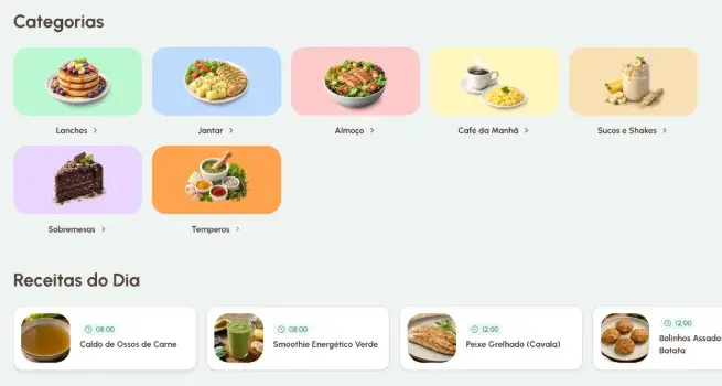 Categorias e receitas do dia na plataforma Receitas do Cady