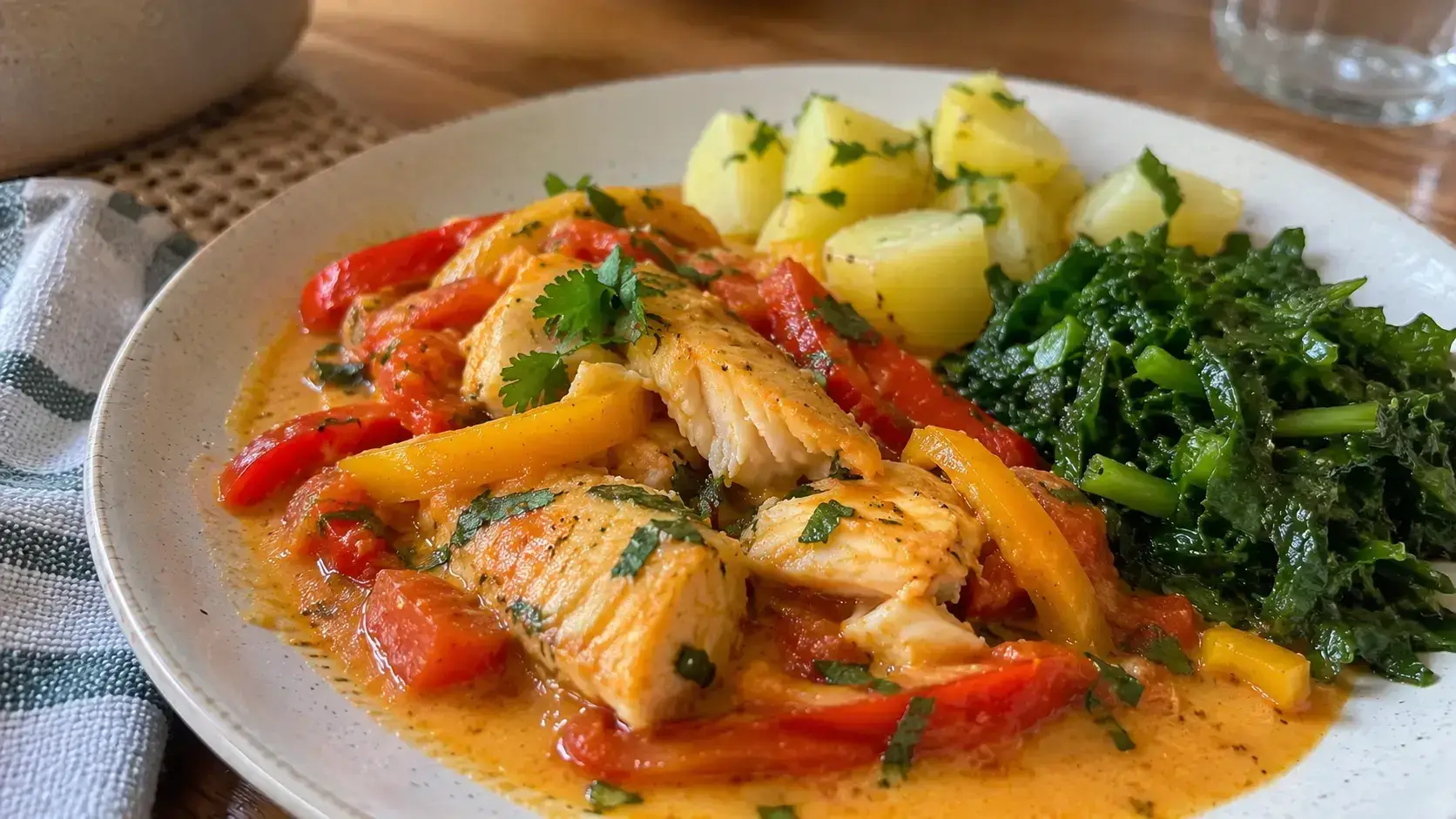 Peixe com pimentões, batata e couve