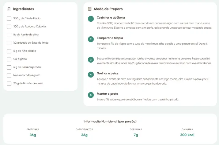 Receita com lista de ingredientes, modo de preparo numerado e informação nutricional
